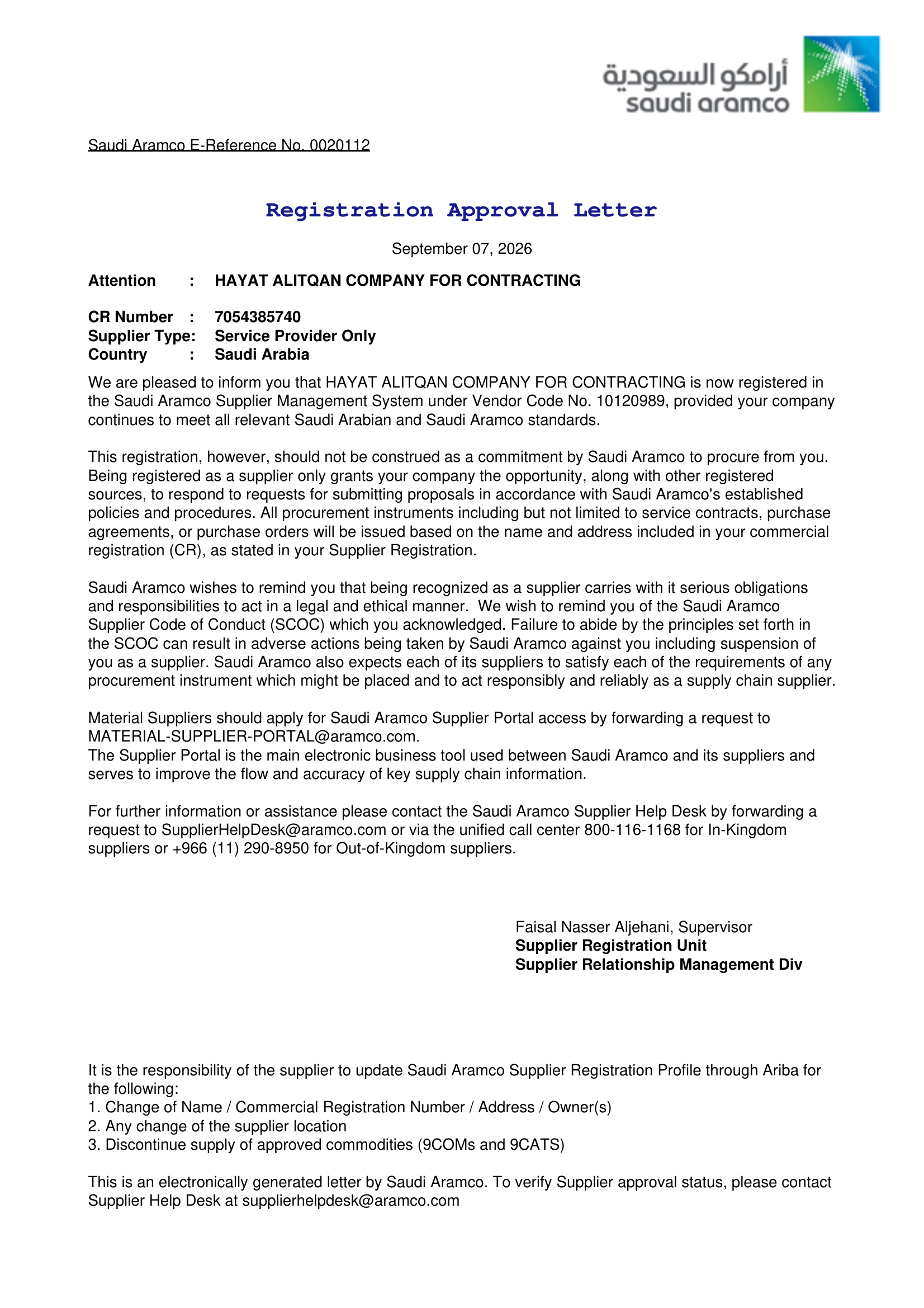Saudi Aramco Registration Letter